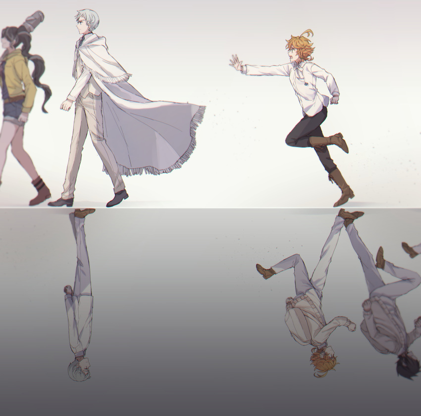 2boys 2girls ahoge arms_behind_back backpack bag bangs barbara_(yakusoku_no_neverland) black_footwear black_hair black_pants blurry boots brown_legwear cardigan cloak closed_mouth collar collared_shirt commentary_request emma_(yakusoku_no_neverland) from_side full_body grey_background grey_eyes grey_hair hair_over_one_eye highres leather leather_boots long_sleeves looking_at_another looking_away mirror_image mirrored multiple_boys multiple_girls norman_(yakusoku_no_neverland) open_mouth orange_hair pants ponytail ray_(yakusoku_no_neverland) running shidomura shirt shoelaces shoes short_hair shorts simple_background smile standing uniform upside-down walking white_backpack white_cardigan white_cloak white_pants white_shirt yakusoku_no_neverland