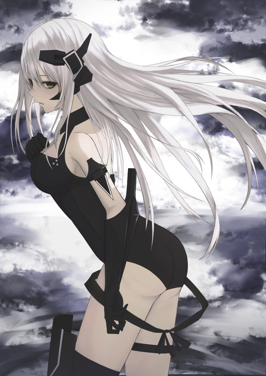 1girl absurdres arm_knife ass backless_leotard black_gloves black_leotard cloud_background clouds cloudy_sky dot_triangle elbow_gloves from_side gager_(girls_frontline) girls_frontline gloves green_eyes grey_hair halterneck hand_on_own_chest headset highres knife leotard long_hair looking_at_viewer parted_lips sangvis_ferri sky solo strap thomas_8000 very_long_hair