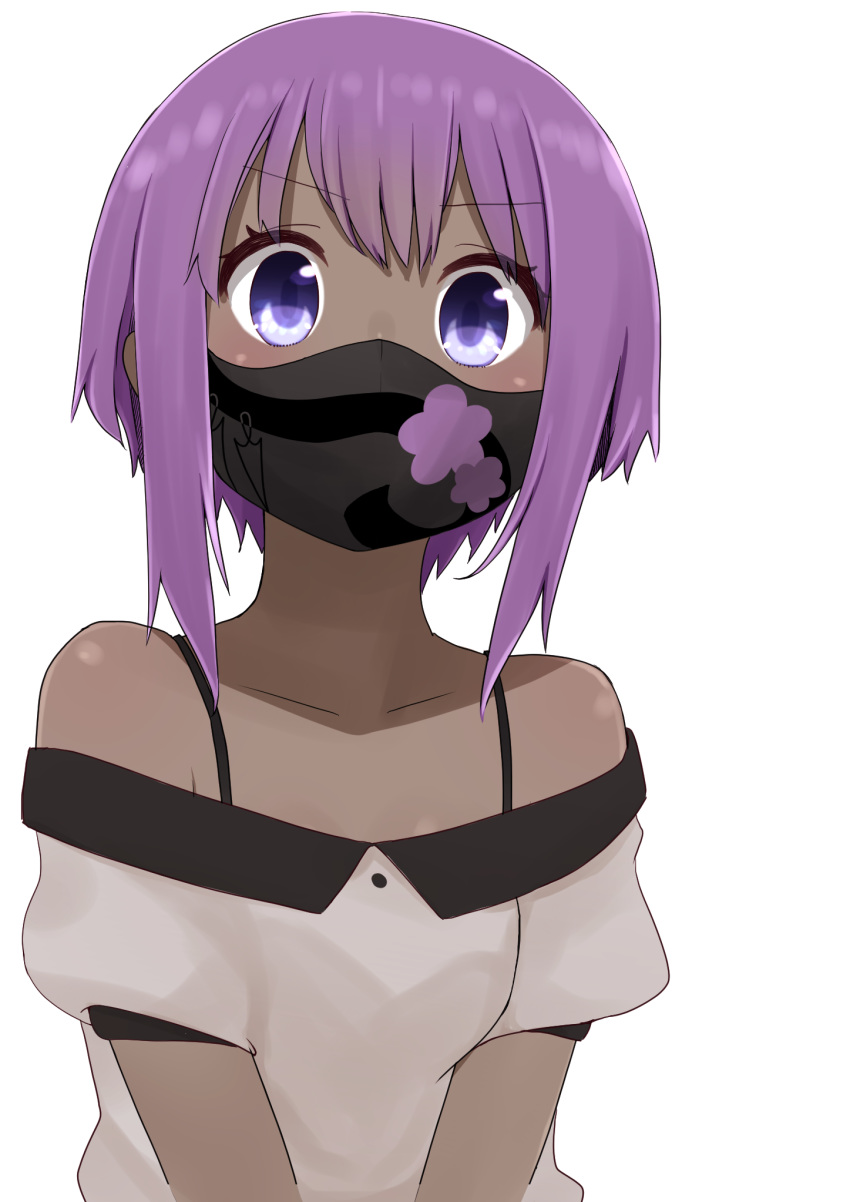 1girl bangs bare_shoulders blush collarbone dark_skin dress eyebrows_visible_through_hair fate/prototype fate/prototype:_fragments_of_blue_and_silver fate_(series) floral_print hair_between_eyes hassan_of_serenity_(fate) highres i.u.y looking_at_viewer mask mouth_mask off-shoulder_dress off_shoulder purple_hair short_sleeves simple_background solo upper_body v-shaped_eyebrows violet_eyes white_background white_dress