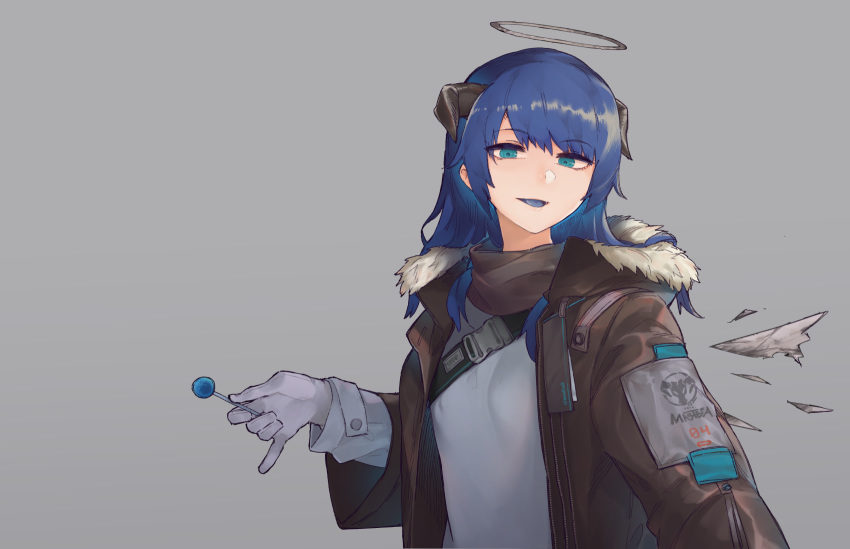 1girl arknights bangs black_jacket blue_eyes blue_hair blue_tongue candy commentary_request eyebrows_visible_through_hair food fur-trimmed_jacket fur_trim gloves grey_background grey_shirt halo highres holding holding_food horns jacket lollipop long_hair long_sleeves looking_at_viewer mostima_(arknights) ninjunker open_clothes open_jacket shirt simple_background solo tongue upper_body white_gloves