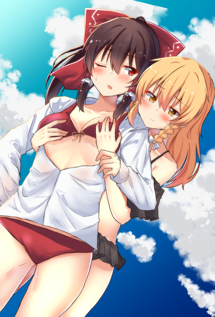 2girls :t absurdres bikini black_bikini blonde_hair blue_sky blush bow braid breast_grab breasts brown_hair clouds commentary_request day dutch_angle grabbing grabbing_from_behind hair_between_eyes hair_bow hair_tubes hakurei_reimu highres kirisame_marisa long_hair medium_breasts mukkushi multiple_girls one_eye_closed outdoors ponytail pout red_bikini red_bow red_eyes side_braid sidelocks sky summer sweat swimsuit touhou white_bow yellow_eyes yuri