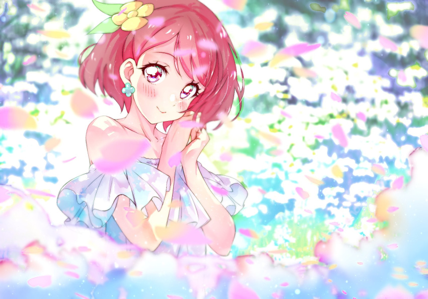 1girl bangs bare_shoulders blurry blush closed_mouth commentary_request depth_of_field dress earrings flower frilled_dress frills hair_flower hair_ornament hanadera_nodoka hands_together head_tilt healin'_good_precure highres jewelry kyoutsuugengo lights looking_at_viewer multicolored multicolored_background off-shoulder_dress off_shoulder petals precure red_eyes redhead short_hair smile solo swept_bangs white_dress wind yellow_flower