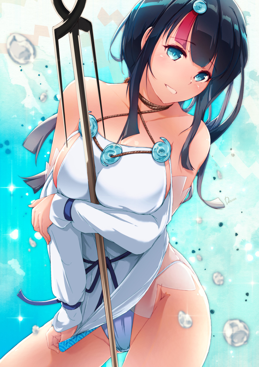 1girl absurdres bangs bare_shoulders black_hair blue_background blue_eyes blue_ribbon blush breasts collarbone dermar dress fate/grand_order fate/requiem fate_(series) fundoshi gradient gradient_background highres japanese_clothes jewelry large_breasts long_sleeves looking_at_viewer magatama magatama_hair_ornament medium_hair multicolored_hair necklace pelvic_curtain pink_hair polearm puffy_long_sleeves puffy_sleeves ribbon short_dress sideboob sideless_outfit smile spear streaked_hair thighs utsumi_erise water_drop weapon white_dress