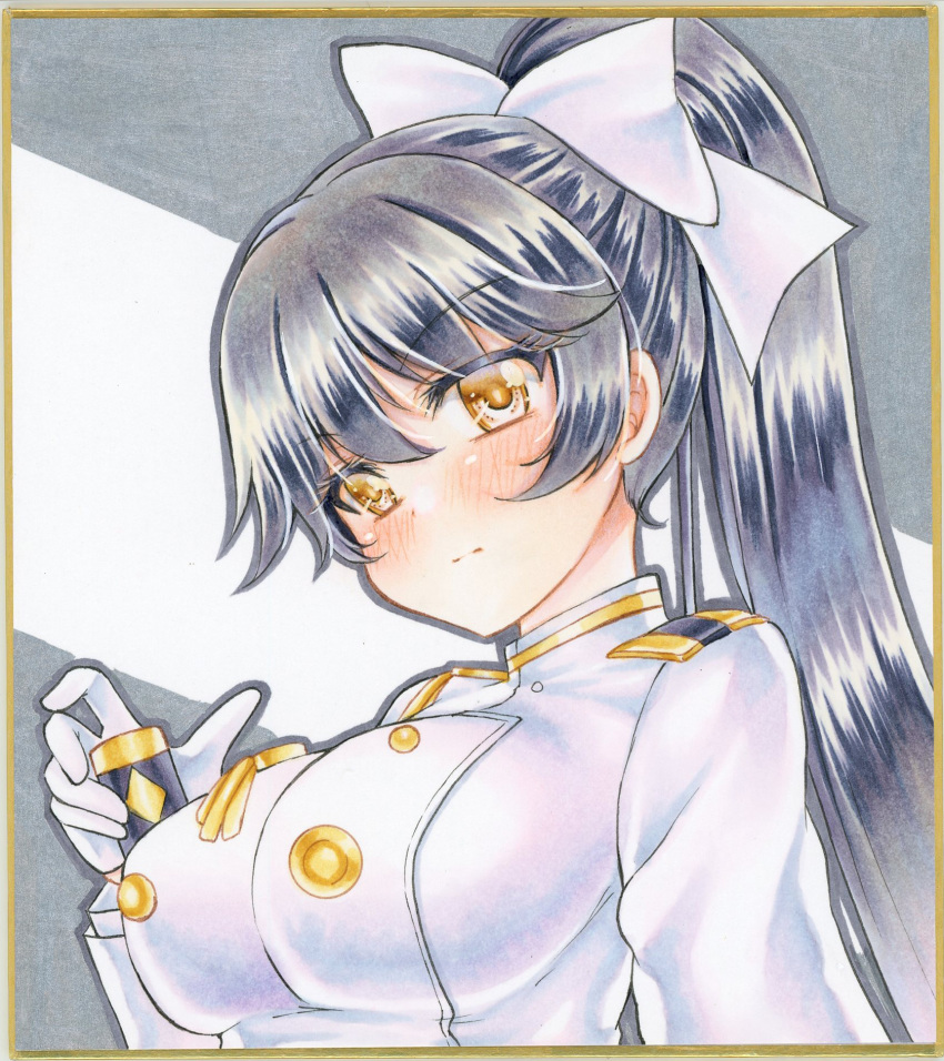 1girl azur_lane bangs black_hair blush bow breasts commentary_request double-breasted eyebrows_visible_through_hair graphite_(medium) hair_between_eyes hair_bow highres holding holding_sword holding_weapon long_hair looking_at_viewer marker_(medium) medium_breasts military military_uniform nekofish666 ponytail sidelocks solo sword takao_(azur_lane) traditional_media uniform weapon white_bow white_uniform yellow_eyes
