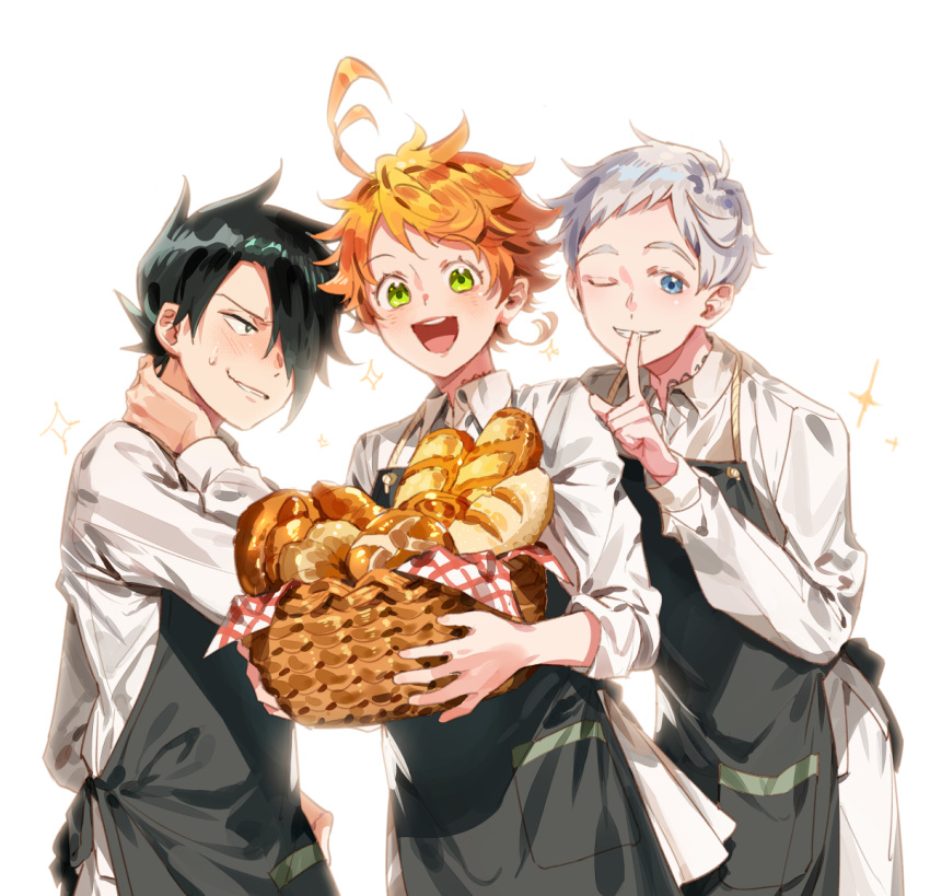 1girl 2boys :d ;) ahoge apron bakery basket black_apron black_eyes black_hair blue_eyes blush collar collared_shirt commentary_request emma_(yakusoku_no_neverland) foog green_eyes hair_over_one_eye hand_on_own_neck holding holding_basket long_sleeves looking_at_another looking_at_viewer multiple_boys neck_tattoo norman_(yakusoku_no_neverland) number_tattoo one_eye_closed open_mouth orange_hair parted_lips ray_(yakusoku_no_neverland) shirt shop short_hair silver_hair simple_background sleeves_rolled_up smile standing sweat tattoo teeth thick_eyebrows upper_body white_background white_shirt yakusoku_no_neverland yala1453