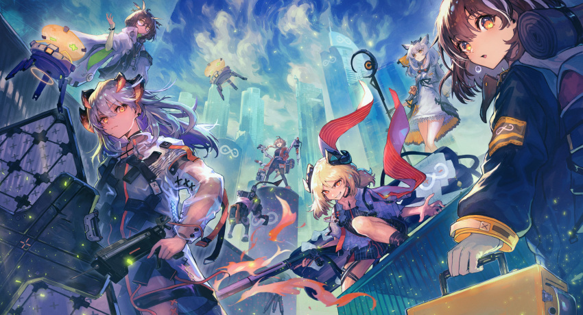 6+girls arknights black_jacket brown_hair building choker cityscape clouds coat day dragon_horns dress drone flamethrower gloves highres holding horns ifrit_(arknights) jacket labcoat long_hair long_sleeves looking_at_viewer magallan_(arknights) mayer_(arknights) multiple_girls nijimaarc outdoors ptilopsis_(arknights) rhine_lab_(arknights) rhine_lab_logo saria_(arknights) see-through shield short_hair silence_(arknights) silver_hair staff weapon white_coat white_dress white_gloves