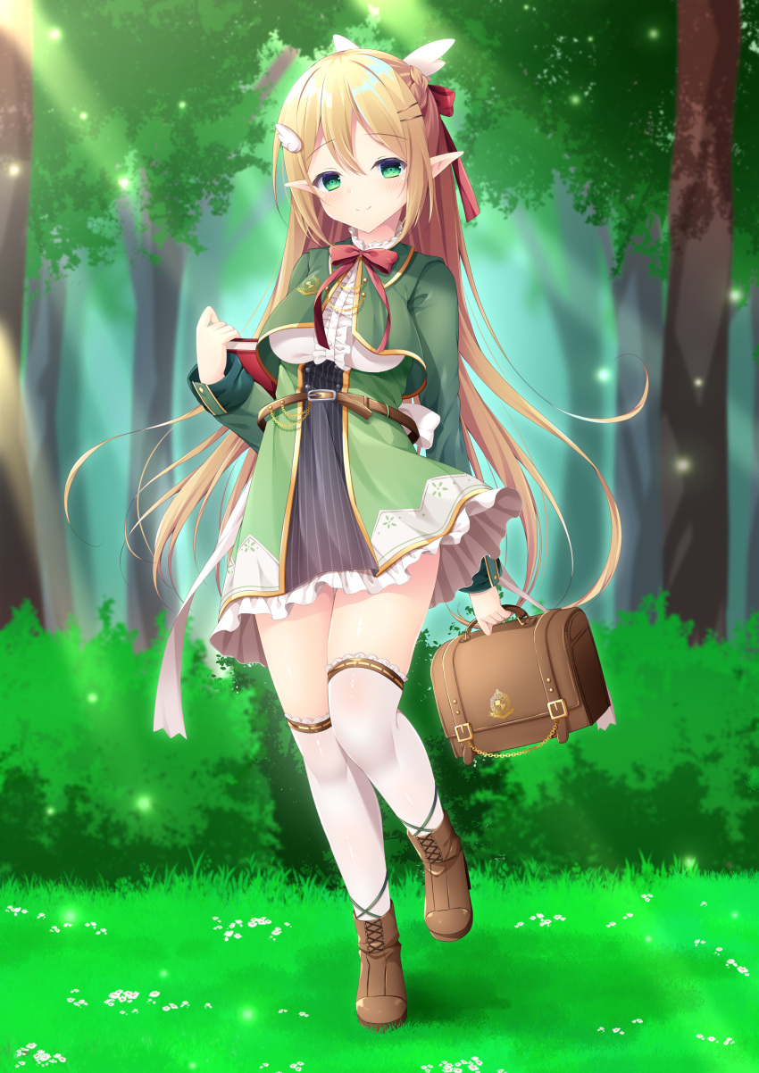 1girl absurdres bad_proportions belt blonde_hair blush book bow braid breasts brown_footwear day forest frills full_body green_eyes green_skirt hair_ornament hand_up highres luggage medium_breasts nature original outdoors pointy_ears red_bow red_neckwear skirt smile standing standing_on_one_leg sunlight thigh-highs white_legwear yukimura_usagi