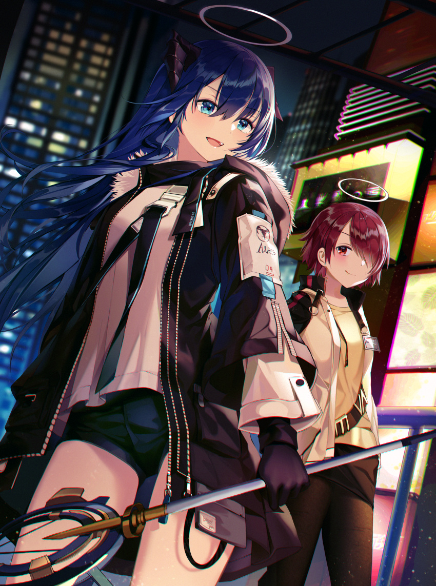 2girls :d absurdres arknights bangs beige_shirt black_gloves black_jacket black_legwear black_shorts black_skirt blue_eyes blue_hair blush building buri_(retty9349) chromatic_aberration city commentary cowboy_shot dutch_angle exusiai_(arknights) fur-trimmed_jacket fur_trim gloves hair_between_eyes hair_over_one_eye halo highres holding holding_staff horns huge_filesize jacket long_hair long_sleeves mostima_(arknights) multiple_girls night night_sky open_clothes open_jacket open_mouth outdoors pantyhose pencil_skirt raglan_sleeves red_eyes redhead shirt short_shorts shorts skirt sky smile staff standing thighs white_jacket white_shirt