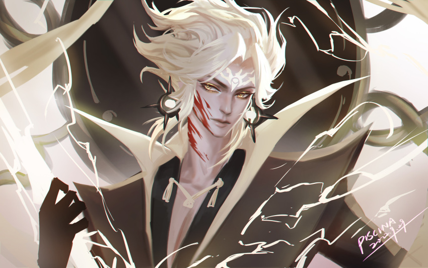 1boy absurdres artist_name black_gloves blonde_hair blood blood_on_face dated earrings electricity forehead_tattoo gloves highres jewelry looking_at_viewer male_focus onmyoji piscina solo susanoo_(onmyoji) upper_body yellow_eyes