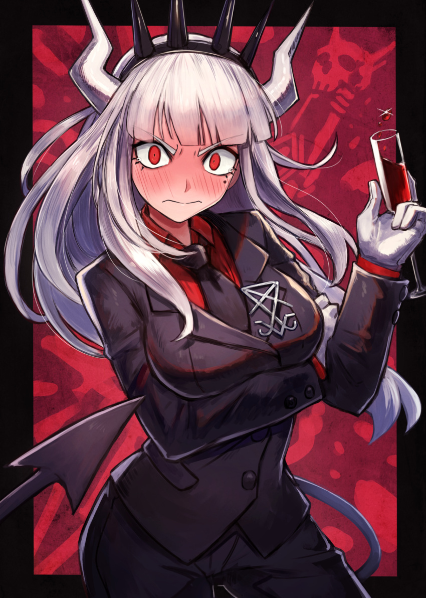 1girl black_jacket black_pants blazer blush breast_hold breasts champagne_flute cowboy_shot cup demon_girl demon_horns demon_tail drinking_glass full-face_blush gloves helltaker highres holding horns jacket kuroi_susumu large_breasts long_hair long_sleeves looking_at_viewer lucifer_(helltaker) mole mole_under_eye necktie pants red_background red_eyes red_shirt shirt solo tail tiara undershirt v-shaped_eyebrows white_gloves white_hair