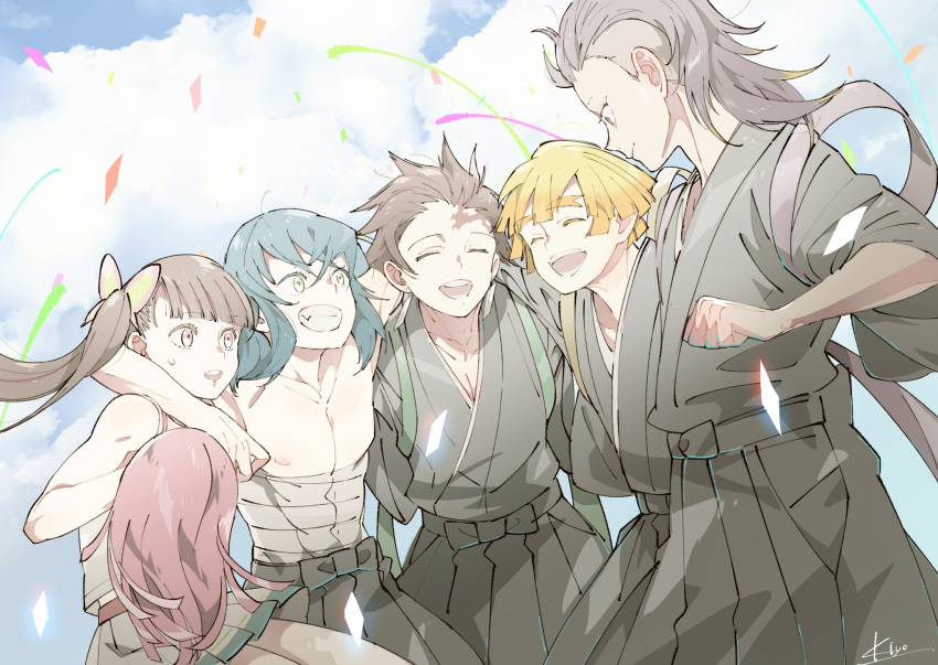 1girl 4boys ^_^ ^o^ agatsuma_zenitsu alternate_costume arm_around_shoulder bangs black_hair blonde_hair blue_hair blue_sky blunt_bangs butterfly_hair_ornament cheerleader closed_eyes closed_mouth clouds cloudy_sky commentary confetti cowboy_shot day eyebrows_visible_through_hair eyelashes facial_scar green_eyes grin hair_between_eyes hair_ornament hair_pulled_back hakama hashibira_inosuke highres hug japanese_clothes kamado_tanjirou kimetsu_no_yaiba kimono kiyotsugu looking_at_another medium_hair midriff_peek miniskirt mohawk multiple_boys open_mouth outdoors pink_eyes pleated_skirt pom_pom_(clothes) sarashi scar shinazugawa_genya shirtless short_hair side-by-side side_ponytail signature skirt sky sleeveless smile sweatdrop tank_top tasuki teeth thick_eyebrows thighs tsuyuri_kanao white_skirt