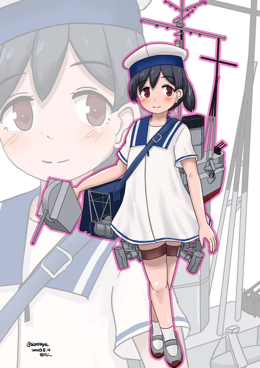 1girl black_hair blue_sailor_collar brown_eyes commentary_request depth_charge dress full_body hat hiburi_(kantai_collection) highres kantai_collection looking_to_the_side low_ponytail sailor_collar sailor_dress sailor_hat senon shoes short_hair short_sleeves simple_background socks solo standing uwabaki white_background white_dress white_headwear white_legwear zoom_layer