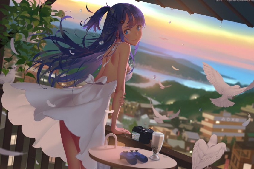 1girl bangs bird blue_eyes braid bubble_tea building camera city city_lights closed_mouth controller dress dutch_angle feathers glass hanging_plant highres hill house leaf looking_at_viewer looking_back ocean original parasol plant potted_plant purple_hair railing river scenery seagull sidelocks sky smile sunset umbrella vines vofan water_drop watermark wind wind_lift