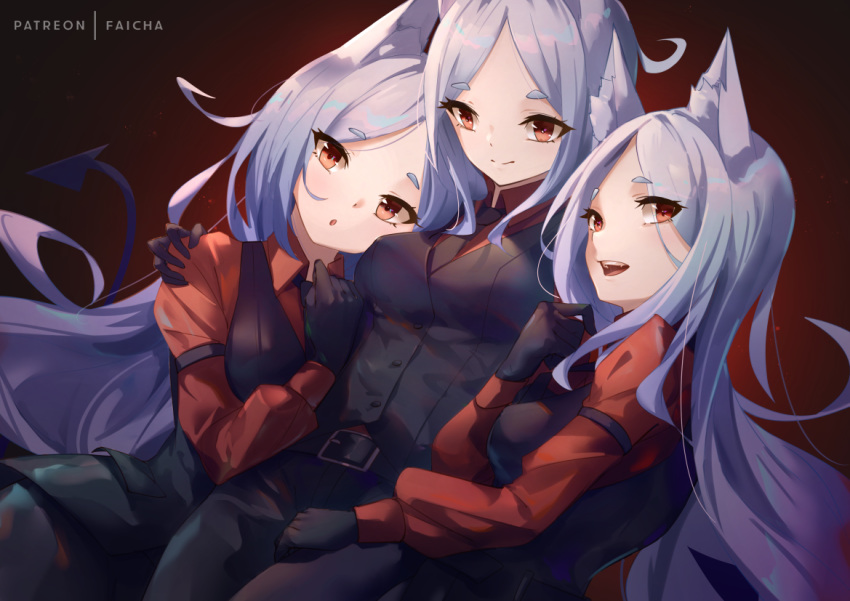 3girls :d :o animal_ear_fluff animal_ears arm_around_shoulder artist_name bangs belt belt_buckle black_neckwear black_vest blush breasts buckle cerberus_(helltaker) closed_mouth collared_shirt demon_girl demon_tail dog_ears eyebrows_visible_through_hair faicha forehead gradient gradient_background hand_on_own_chest helltaker long_hair long_sleeves looking_at_viewer medium_breasts multiple_girls necktie open_mouth parted_bangs parted_lips red_background red_eyes red_shirt shirt silver_hair smile tail triplets very_long_hair vest wing_collar