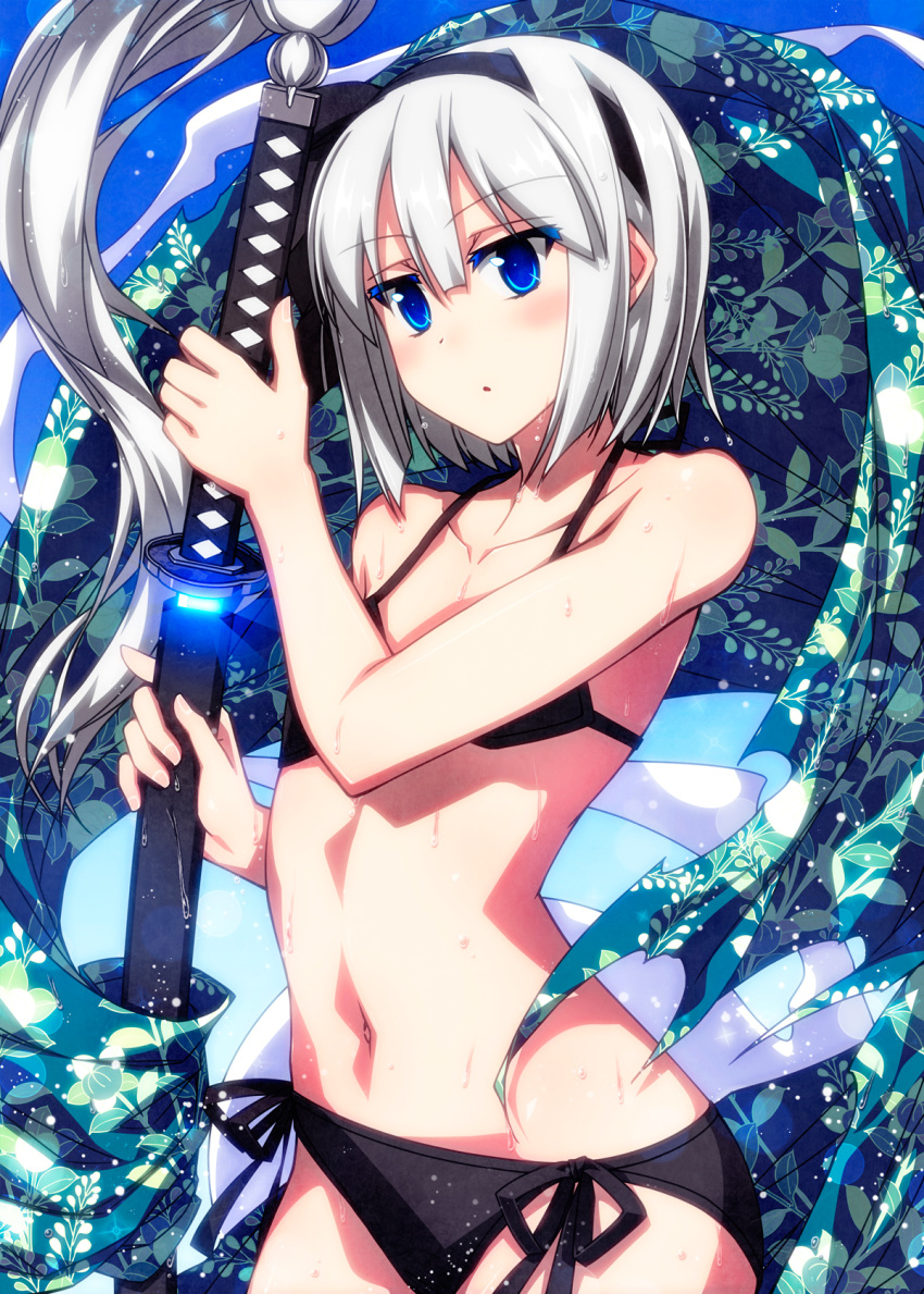 1girl :o bikini black_bikini blue_background blue_eyes blush breasts collarbone commentary_request eyebrows_visible_through_hair glint hair_between_eyes hairband highres holding holding_sword holding_weapon konpaku_youmu konpaku_youmu_(ghost) looking_at_viewer navel sazanami_mio sheath sheathed short_hair side-tie_bikini silver_hair small_breasts solo swimsuit sword touhou water_drop weapon wet