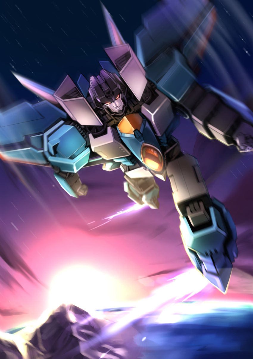 absurdres decepticon flying highres looking_down mecha mechanical_wings motion_blur mountain no_humans red_eyes sizuku_73 solo sunset thundercracker transformers wings