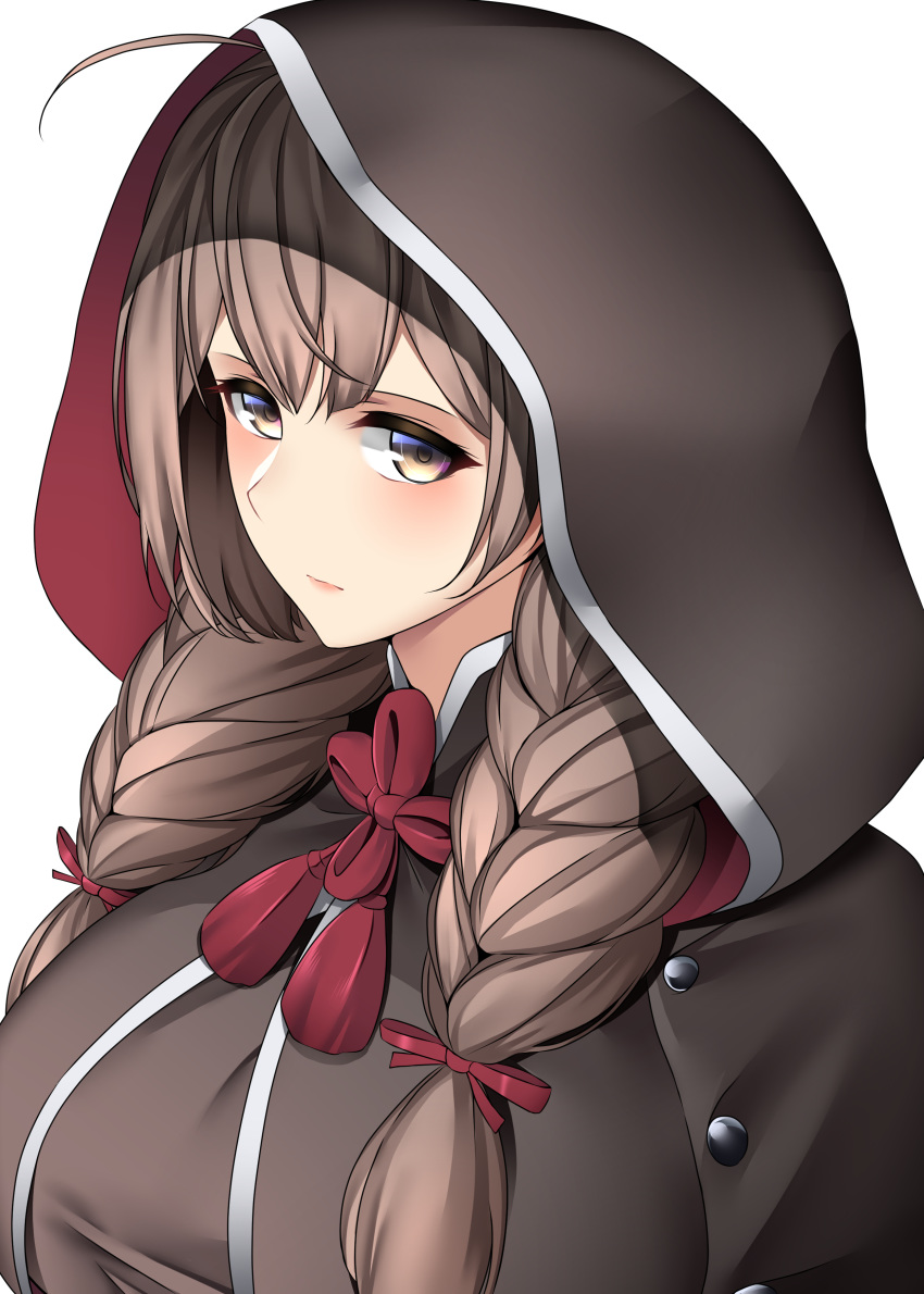 1girl absurdres ahoge black_capelet braid breasts brown_eyes brown_hair capelet hair_ribbon highres hood hood_up hooded_capelet kantai_collection large_breasts long_hair obei_teitoku red_ribbon ribbon shinshuu_maru_(kantai_collection) simple_background solo tress_ribbon twin_braids upper_body white_background