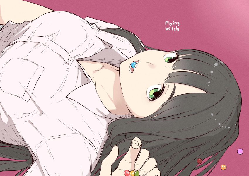 1girl absurdres biting black_hair breasts candy collarbone copyright_name eyebrows fingernails fingers flying_witch food green_eyes highres holding ishizuka_chihiro kowata_makoto large_breasts long_hair looking_at_viewer lying on_back shirt simple_background solo teeth teeth_hold white_shirt wing_collar