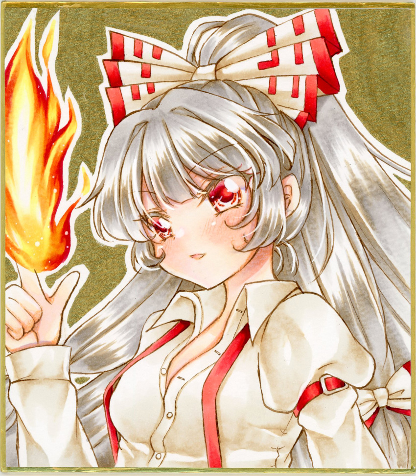 1girl blush bow breasts commentary_request eyebrows_visible_through_hair finger_gun fire fujiwara_no_mokou graphite_(medium) grey_hair hair_between_eyes hair_bow highres long_sleeves looking_at_viewer marker_(medium) nekofish666 open_clothes open_mouth open_shirt red_eyes shirt small_breasts solo suspenders touhou traditional_media v-shaped_eyebrows white_shirt