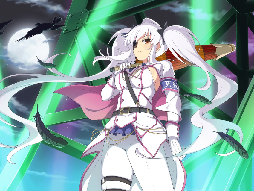 1girl animal belt bird blush breasts building cape clouds cloudy_sky crow dark eyepatch feathers frown full_moon gloves hair_ornament hat highres holding jacket large_breasts light light_rays long_hair looking_at_viewer moon night night_sky outdoors pants red_eyes senran_kagura shuriken sideboob sky solo star_(sky) tower twintails umbrella white_gloves white_hair white_pants wings yaegashi_nan yagyuu_(senran_kagura)