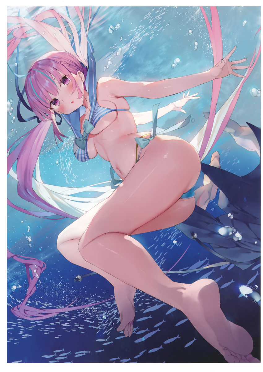1girl absurdres ass bangs bare_arms bare_legs barefoot bikini highres hololive long_hair matsui_hiroaki minato_aqua multicolored_hair purple_hair scan submerged swimsuit thighs toes twintails two-tone_hair violet_eyes virtual_youtuber