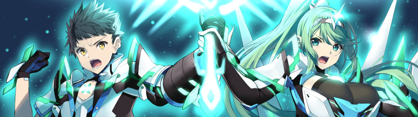 1boy 1girl bangs blue_background breasts brown_hair gloves glowing green_eyes green_hair hair_ornament highres holding holding_sword holding_weapon large_breasts open_mouth pneuma_(xenoblade) ponytail rex_(xenoblade_2) short_hair source_request spoilers swept_bangs sword upper_body weapon xenoblade_(series) xenoblade_2 yappen yellow_eyes