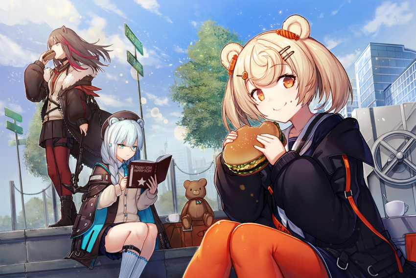 3girls amano_misaki animal_ears arknights axe bangs bear_ears beret black_jacket blonde_hair blue_eyes blue_hair blue_sky book boots braid brown_hair cardigan chain choker closed_mouth commentary_request eating eyebrows_visible_through_hair food fur-trimmed_jacket fur_trim gummy_(arknights) hair_ornament hairclip hamburger hat highres holding holding_axe holding_book holding_food holding_weapon istina_(arknights) jacket kneehighs long_hair long_sleeves looking_at_viewer miniskirt multicolored_hair multiple_girls necktie open_clothes open_jacket orange_eyes outdoors pantyhose reading road_sign short_hair sign sitting skirt sky standing streaked_hair stuffed_animal stuffed_toy teddy_bear weapon zima_(arknights)