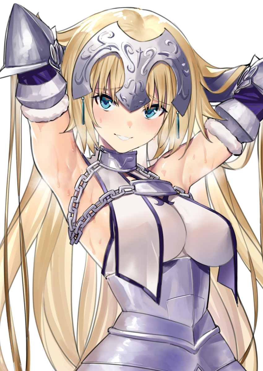 1girl absurdres armpits blonde_hair blue_eyes breasts chain elbow_gloves fate/apocrypha fate/grand_order fate_(series) gloves hands_in_hair highres jeanne_d'arc_(fate) jeanne_d'arc_(fate)_(all) jikatarou large_breasts long_hair smile sweat white_background