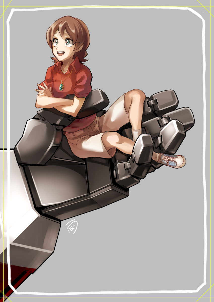 1girl absurdres alexa_(transformers) beige_shorts blue_footwear brown_hair crossed_arms green_eyes highres holding_person looking_up medium_hair open_mouth red_shirt shirt shorts sizuku_73 solo starscream transformers transformers_armada