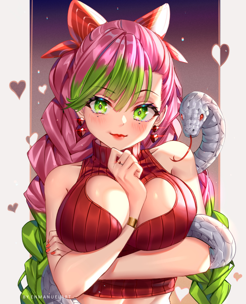 1girl absurdres alternate_costume arm_under_breasts bangs between_breasts blush bow braid breasts cleavage_cutout crop_top earrings enmanuelart20 eyebrows_visible_through_hair gradient_hair green_eyes green_hair hair_between_eyes hair_bow hand_between_breasts heart heart_cutout heart_earrings highres jewelry kanroji_mitsuri kimetsu_no_yaiba large_breasts lipstick long_hair looking_at_viewer makeup mole mole_under_eye multicolored_hair nail_polish pink_hair red_bow red_lips red_nails red_sweater ribbed_sweater ring sleeveless sleeveless_sweater sleeveless_turtleneck smile snake solo sweater turtleneck upper_body
