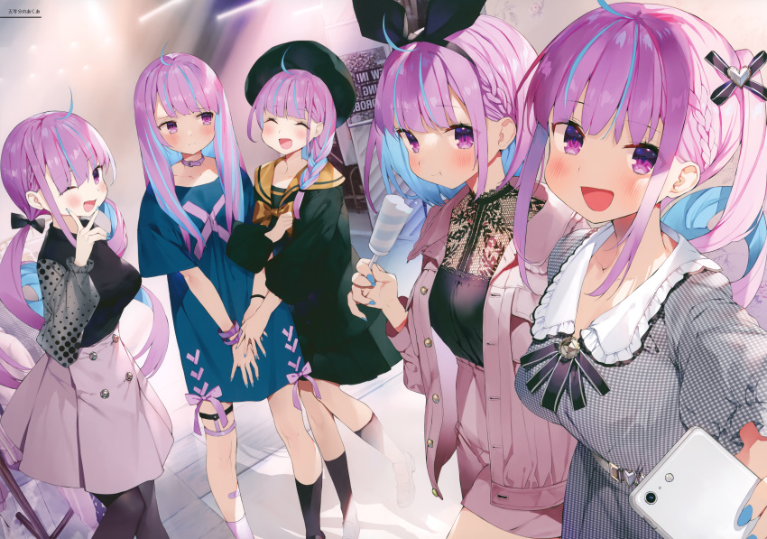 5girls absurdres ahoge bangs beret blush bow bowtie braid breasts cellphone dress eyebrows_visible_through_hair fingernails food hair_ornament hat highres hololive huge_filesize long_hair looking_at_viewer matsui_hiroaki medium_breasts minato_aqua multicolored_hair multiple_girls multiple_persona nail_polish open_mouth phone popsicle purple_hair scan simple_background skirt tied_hair two-tone_hair violet_eyes virtual_youtuber