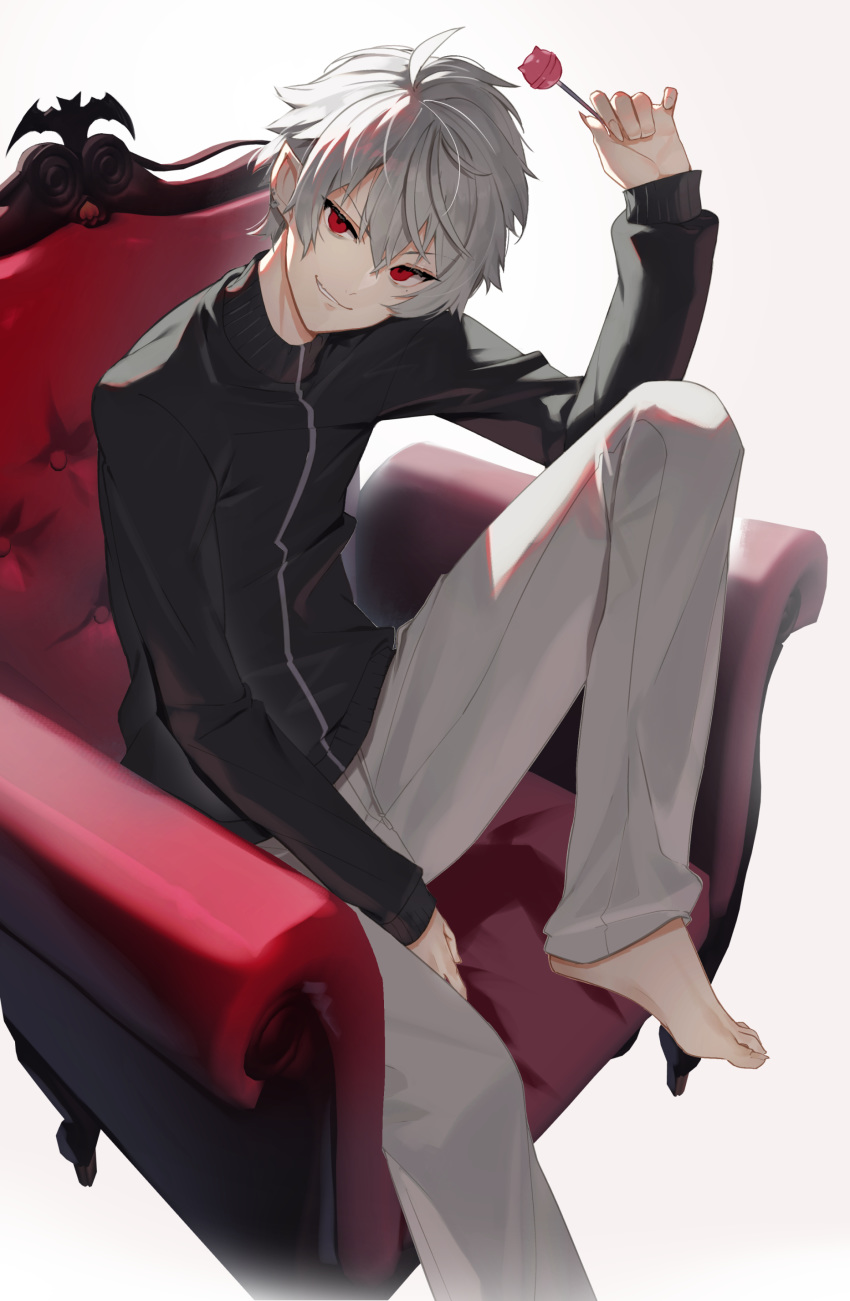 1boy absurdres arm_up armchair bangs barefoot between_legs black_jacket candy chair commentary_request eyebrows_visible_through_hair fang fingernails food grey_background grey_hair grey_pants grin hair_between_eyes hand_between_legs highres holding holding_food holding_lollipop jacket knee_up kuzuha_(nijisanji) lollipop long_fingernails long_sleeves male_focus nijisanji on_chair pants parted_lips pointy_ears red_eyes sitting sleeves_past_wrists smile solo sukocchi virtual_youtuber