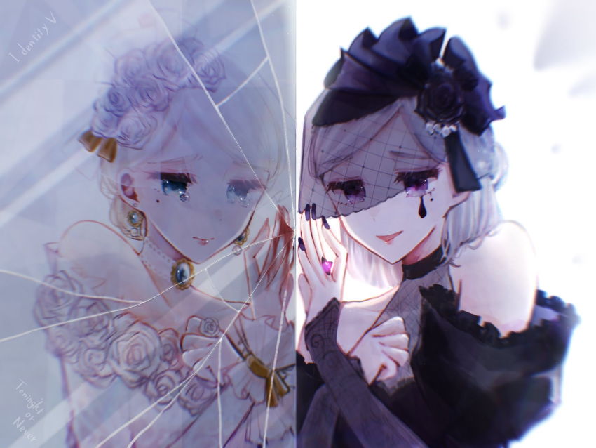 1girl black_flower black_nails blue_eyes broken_mirror different_reflection dress earrings flower hand_up highres identity_v jewelry mirror reflection short_hair solo teardrop veil vera_nair violet_eyes white_background white_hair