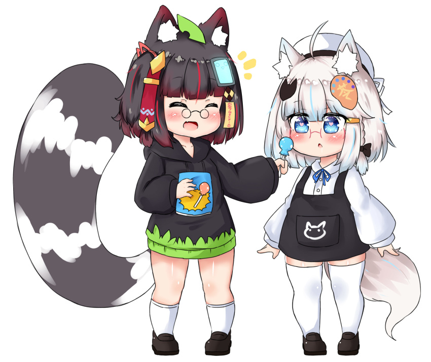 2girls :d ^_^ animal_ear_fluff animal_ears bailingxiao_jiu bangs black-framed_eyewear black_bow black_dress black_footwear black_hair black_hoodie blue_eyes blue_hair blush bow braid candy closed_eyes collared_shirt drawstring dress dress_shirt drooling eyebrows_visible_through_hair fang food fox_ears fox_girl fox_hair_ornament fox_tail glasses hair_between_eyes hair_bow heart heart-shaped_pupils highres holding holding_food holding_lollipop hood hood_down hoodie leaf leaf_on_head loafers lollipop long_sleeves multiple_girls notice_lines open_mouth original parted_lips pince-nez puffy_long_sleeves puffy_sleeves raccoon_ears raccoon_girl raccoon_tail red-framed_eyewear redhead saliva shirt shoes side_braid silver_hair simple_background single_braid sleeveless sleeveless_dress sleeves_past_wrists smile socks standing symbol-shaped_pupils tail thigh-highs white_background white_legwear white_shirt