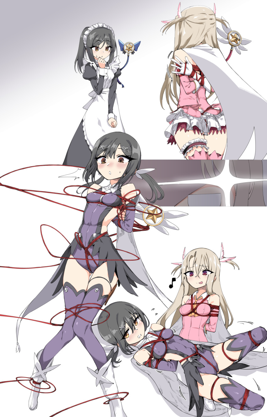 2girls apron arms_behind_back bare_shoulders bdsm black_hair bondage bound breasts cape fate/kaleid_liner_prisma_illya fate_(series) highres illyasviel_von_einzbern kinbakuman licking_lips magical_girl maid maid_apron maid_dress maid_headdress miyu_edelfelt multiple_girls musical_note ponytail red_eyes restrained rope shibari shibari_over_clothes small_breasts spoken_musical_note sweatdrop thigh-highs tied_up tongue tongue_out yellow_eyes