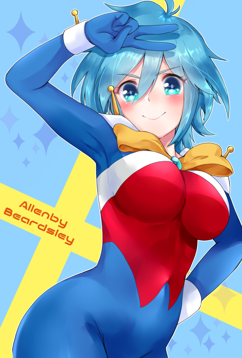 1girl ahoge allenby_beardsley aqua_eyes aqua_hair blue_background blue_bodysuit blush bodysuit bow breasts brooch character_name closed_mouth commentary covered_navel cowboy_shot eyebrows_visible_through_hair g_gundam gundam hair_between_eyes hand_on_hip highres jewelry looking_at_viewer medium_breasts mobile_trace_suit rainyl0v0ldy salute short_hair skin_tight smile solo swedish_flag two-finger_salute v yellow_background yellow_bow