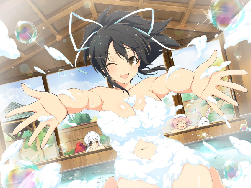 3girls :d :o blush breasts bubble convenient_censoring eyepatch highres large_breasts long_hair looking_at_viewer multiple_girls navel no_bra no_panties nude official_art onsen open_mouth outstret red_eyes senran_kagura short_hair sky smile soap_bubbles towel towel_on_head water white_hair white_towel yaegashi_nan yagyuu_(senran_kagura)
