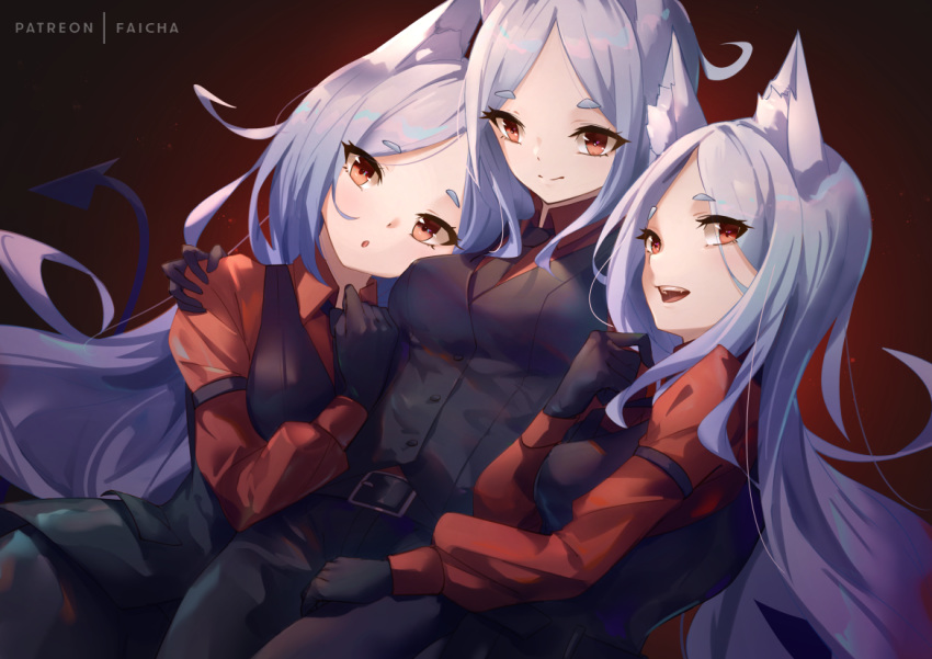 3girls :d :o animal_ear_fluff animal_ears arm_around_shoulder artist_name bangs belt belt_buckle black_neckwear black_vest blush breasts buckle cerberus_(helltaker) closed_mouth collared_shirt demon_girl demon_tail dog_ears eyebrows_visible_through_hair faicha forehead gradient gradient_background hand_on_own_chest helltaker long_hair long_sleeves looking_at_viewer medium_breasts multiple_girls necktie open_mouth parted_bangs parted_lips red_background red_eyes red_shirt revision shirt silver_hair smile tail triplets very_long_hair vest wing_collar