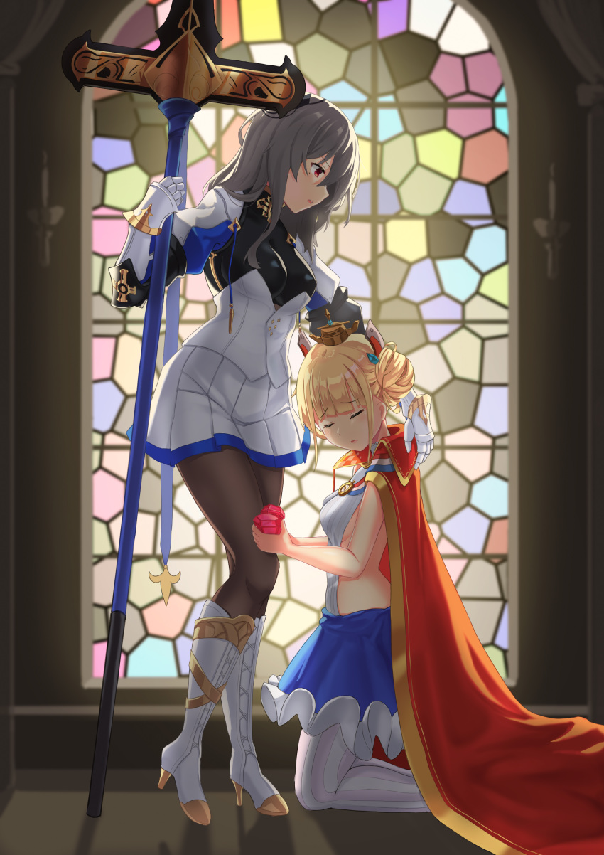 2girls absurdres azur_lane blonde_hair blue_skirt boots breastplate breasts cape corset diamond_(shape) double_bun fleur_de_lis french_flag full_body gauntlets grey_hair hair_ornament high_heels highres holding holding_polearm holding_spear holding_weapon le_triomphant_(azur_lane) lisaaz long_hair medium_breasts multiple_girls pleated_skirt polearm red_cape red_eyes saint-louis_(azur_lane) sideboob sideless_outfit skirt small_breasts spear tutu unitard weapon white_corset white_legwear white_skirt