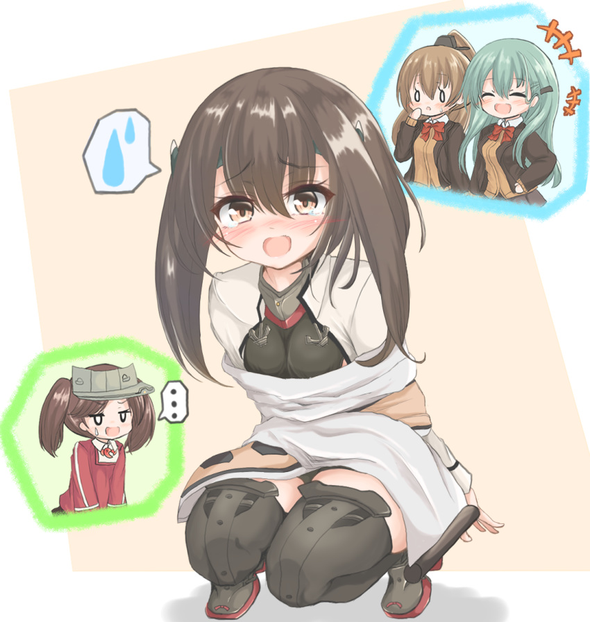 0_0 4girls aqua_hair bound brown_eyes brown_hair closed_eyes commentary_request full_body hair_ornament hairclip headgear kantai_collection kasashi_(kasasi008) kumano_(kantai_collection) long_hair multiple_girls open_mouth ponytail ryuujou_(kantai_collection) school_uniform short_hair_with_long_locks solo_focus spoken_sweatdrop squatting suzuya_(kantai_collection) sweatdrop taihou_(kantai_collection) thigh-highs tied_up twintails visor_cap