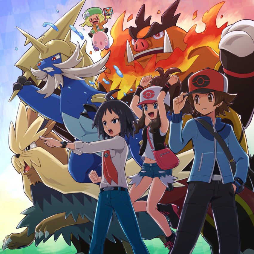 2boys 2girls ahoge baseball_cap bel_(pokemon) belt black_hair blonde_hair blue_eyes blue_pants brown_eyes brown_hair character_print cheren_(pokemon) denim denim_shorts emboar fire gen_5_pokemon glasses hand_on_headwear hat highres jacket long_hair multiple_boys multiple_girls musharna mythical_pokemon necktie open_mouth outstretched_arm pants pointing poke_ball_print pokemoa pokemon pokemon_(creature) pokemon_(game) pokemon_bw ponytail red_neckwear samurott semi-rimless_eyewear short_hair shorts smile starter_pokemon stoutland touko_(pokemon) touya_(pokemon) under-rim_eyewear vest victini wristband