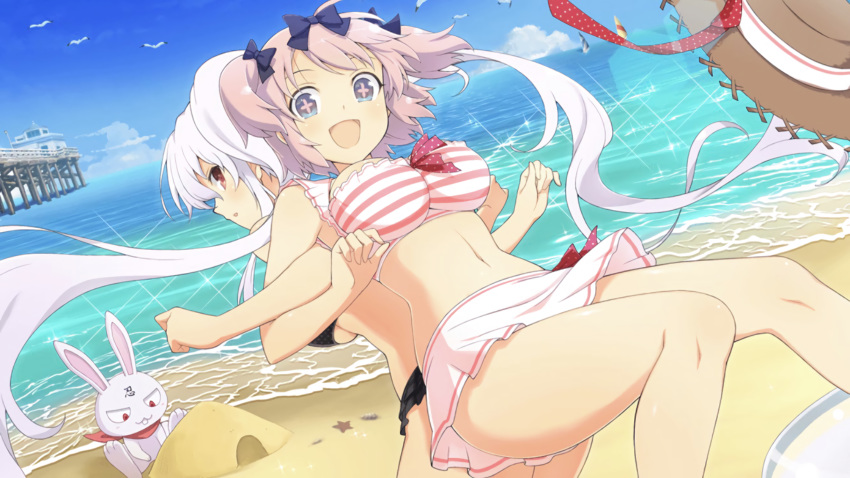 2girls :d beach bikini bird black_bikini black_ribbon blue_eyes blue_sky blush boat breasts clouds day eyepatch frilled_bikini frills hair_ornament hair_ribbon hat hibari_(senran_kagura) highres large_breasts long_hair looking_at_viewer multiple_girls navel ninto_(senran_kagura) ocean official_art open_mouth outdoors pier pink_bikini pink_hair pink_stripes rabbit red_eyes red_scarf ribbon scarf seagull senran_kagura shore short_hair short_twintails shuriken sky smile straw_hat sun_hat swimsuit symbol-shaped_pupils twintails waifu2x water watercraft white_hair yaegashi_nan yagyuu_(senran_kagura)