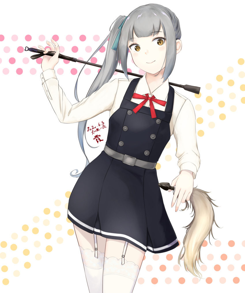 1girl anal_tail collared_shirt dated dress fake_tail garter_straps grey_hair highres holding_whip kantai_collection kasumi_(kantai_collection) long_sleeves pinafore_dress ribbon riding_crop shirt side_ponytail sidelocks smile solo tail thigh-highs velchi white_legwear yellow_eyes