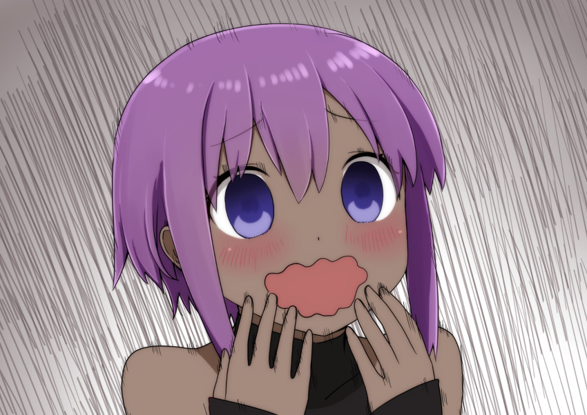 1girl bangs bare_shoulders blush dark_skin eyebrows_visible_through_hair fate/prototype fate/prototype:_fragments_of_blue_and_silver fate_(series) hair_between_eyes hands_up hassan_of_serenity_(fate) highres i.u.y open_mouth purple_hair solo speed_lines upper_body violet_eyes wavy_mouth