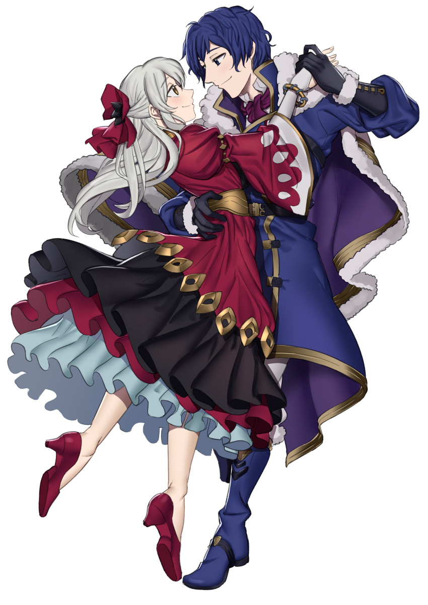 1boy 1girl absurdres alternate_costume bangle black_gloves blue_eyes blue_footwear blue_hair boots bracelet bridal_gauntlets coat dancing dress ebinku fire_emblem fire_emblem:_akatsuki_no_megami fire_emblem:_radiant_dawn fire_emblem_10 fire_emblem_heroes gloves hair_ribbon half_updo high_heels highres holding_hands intelligent_systems jewelry long_hair long_sleeves looking_at_another micaiah_(fire_emblem) nintendo pelleas_(fire_emblem) red_dress red_footwear red_ribbon ribbon silver_hair simple_background smile super_smash_bros. white_background wide_sleeves yellow_eyes