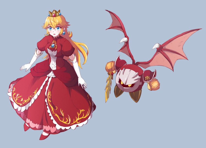 1girl :o alternate_color alternate_costume bangs blonde_hair blue_background blue_eyes breasts brooch dress earrings elbow_gloves eyebrows_visible_through_hair full_body galaxia_(sword) gloves hair_between_eyes highres holding holding_sword holding_weapon jewelry kirby_(series) long_hair super_mario_bros. medium_breasts meta_knight misowhite open_mouth princess princess_peach puffy_short_sleeves puffy_sleeves red_dress red_footwear shoes short_sleeves super_smash_bros. sword very_long_hair weapon white_gloves