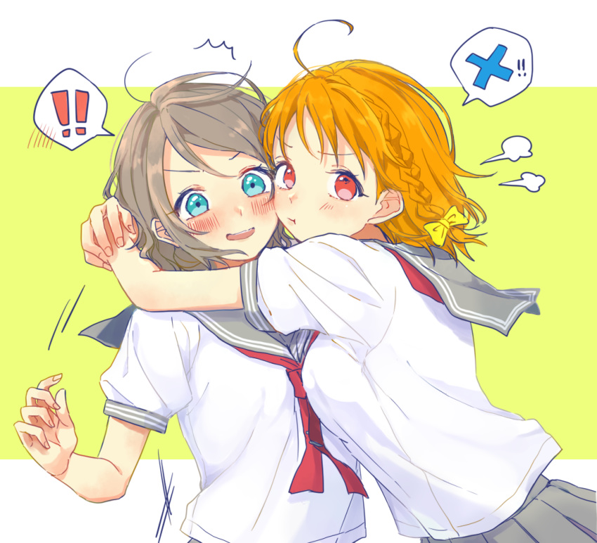 2girls azuma_(no488888) blue_eyes blush grey_hair hug looking_at_viewer love_live! love_live!_sunshine!! multiple_girls orange_hair pout red_eyes school_uniform short_hair short_sleeves takami_chika uranohoshi_school_uniform watanabe_you