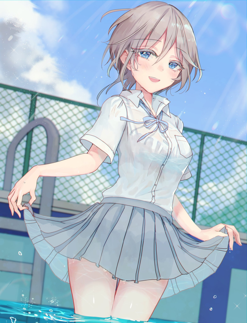 1girl :d anastasia_(idolmaster) bangs blue_eyes blue_neckwear blue_sky blush bow bowtie bralines breast_pocket clouds day eyebrows_visible_through_hair fence grey_hair grey_skirt hair_between_eyes highres idolmaster idolmaster_cinderella_girls looking_at_viewer open_mouth outdoors pleated_skirt pocket pool pool_ladder rum_raisin_(chihiromakita19) school_uniform see-through shirt short_hair short_sleeves skirt skirt_lift sky smile solo upper_teeth wading water water_drop wet wet_clothes wet_shirt wet_skirt white_shirt