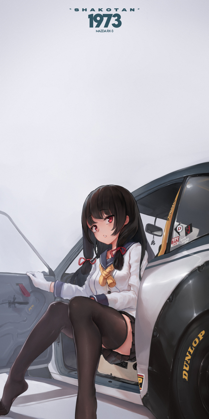 1girl absurdres asymmetrical_legwear black_hair black_legwear black_skirt breasts car car_seat fancyark gloves ground_vehicle hair_ribbon highres isokaze_(kantai_collection) kantai_collection kneehighs long_hair long_sleeves mazda mazda_rx-3 motor_vehicle no_shoes pleated_skirt red_eyes ribbon school_uniform serafuku single_kneehigh single_thighhigh sitting skirt small_breasts solo thigh-highs tress_ribbon white_gloves yellow_neckwear