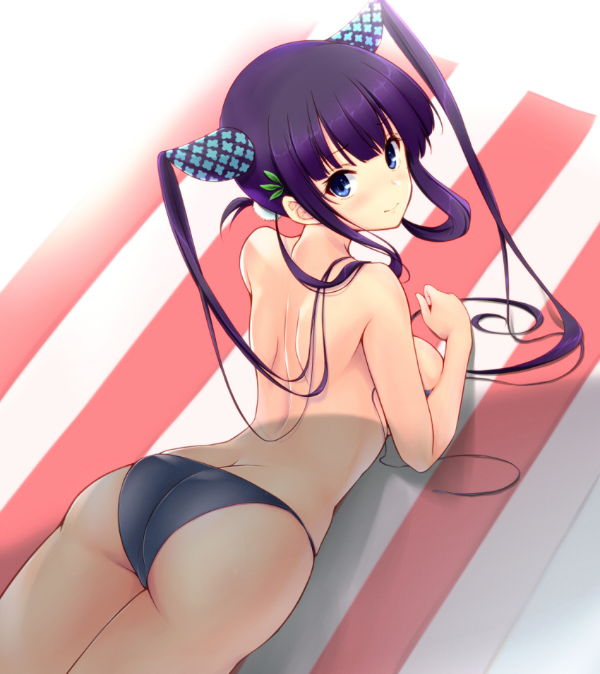 1girl ass bangs bare_shoulders bikini black_bikini blue_eyes breasts commentary_request eyebrows_visible_through_hair fate/grand_order fate_(series) from_behind hair_ornament highres large_breasts long_hair looking_at_viewer lying on_stomach open_bikini open_clothes striped_towel swimsuit tohoho_(hoshinoyami) yang_guifei_(fate/grand_order)